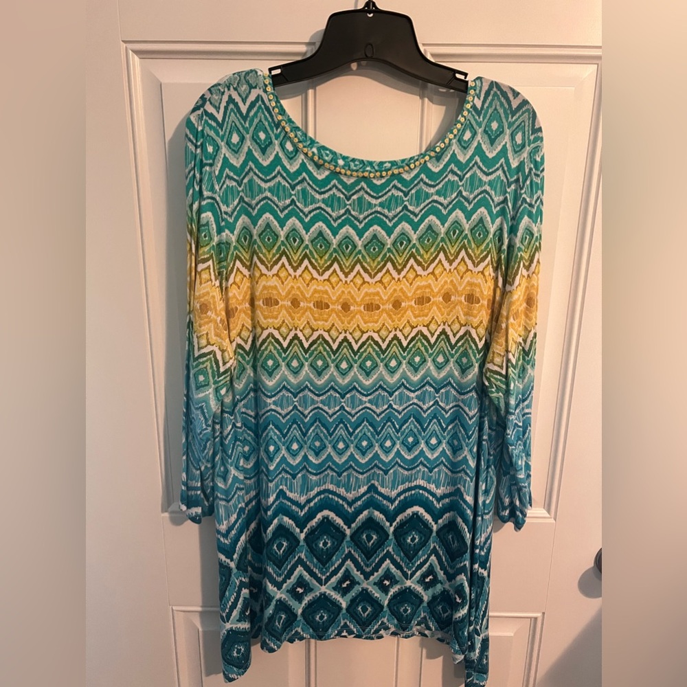 Ruby Road 3/4 Sleeve Teal, Yellow, White Multi Colored Top with Sequin Detail